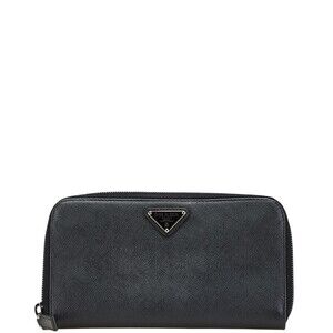 Prada Saffiano round zip wallet triangle logo black leather